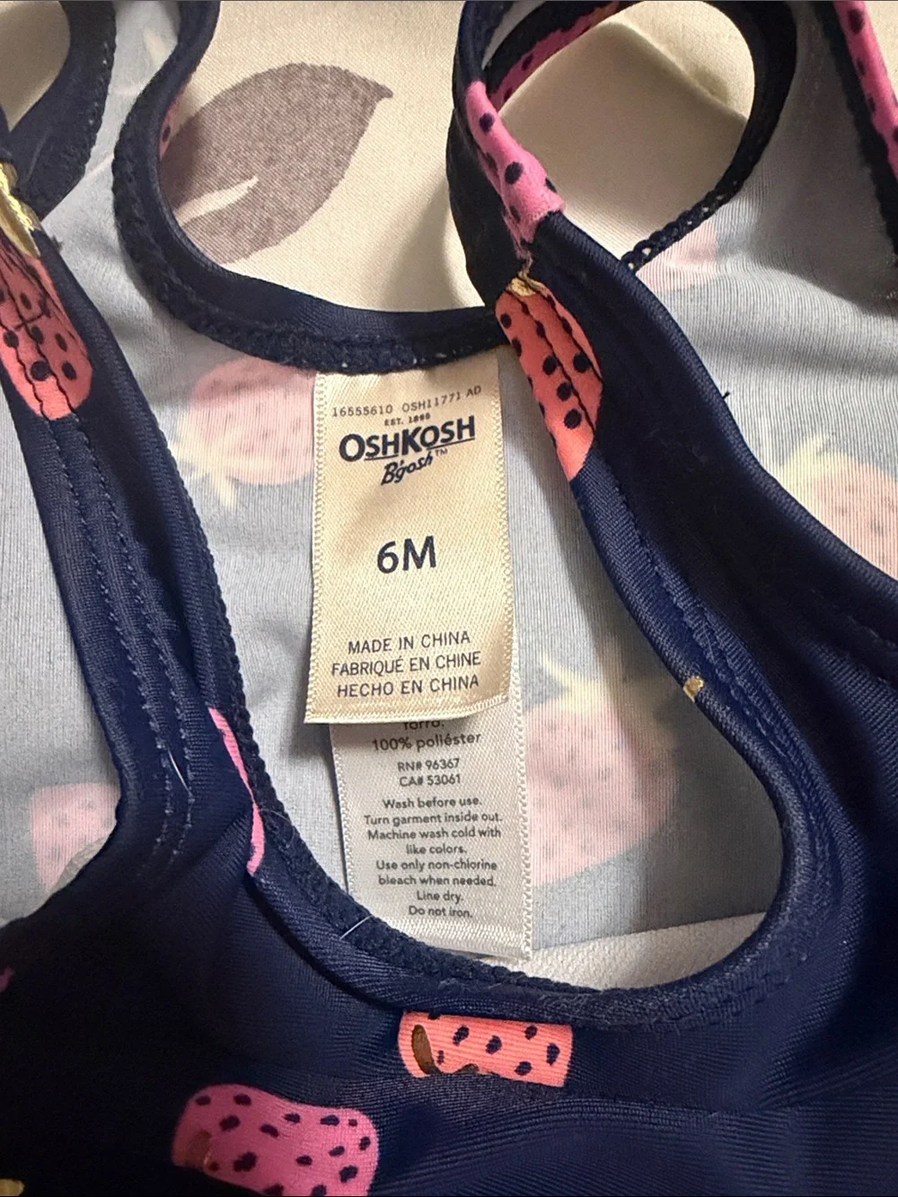 OshKosh B'gosh Navy One-Piece Swim with Pink Strawberry Print and Gold Accents